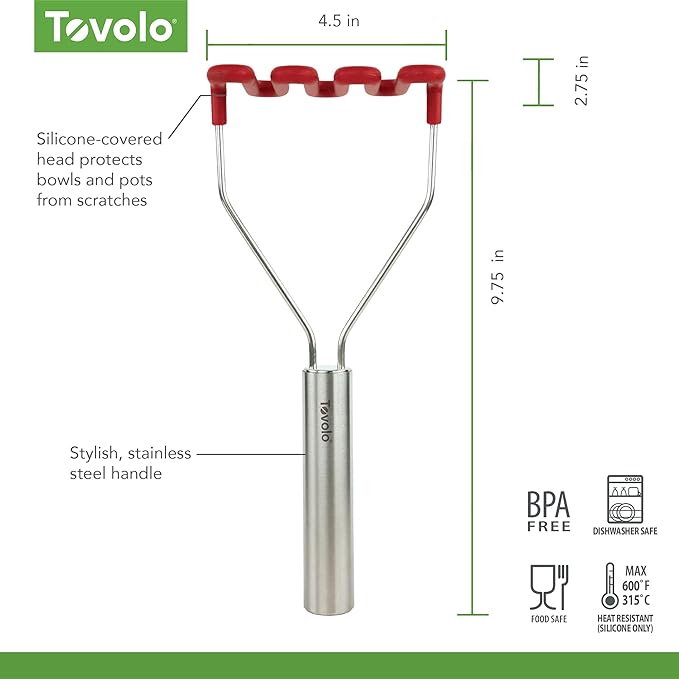 Tovolo Silicone Potato Masher Stainless Steel Handle Cayenne Red Dishwasher Safe Heat Resistant Non Scratch Handheld Coil Wire Potato Smasher for Nonstick Pans Ergonomic Kitchen Food Prep Tool