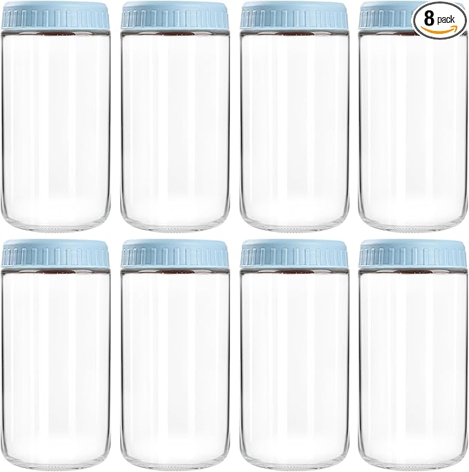 SHOWIN Overnight Oats Containers with Lids, 24oz Glass Jars with Lids 8 pcs, Light Blue, Wide Mouth Mason jars for Salad, Yogurt, Snacks, Meal Prep