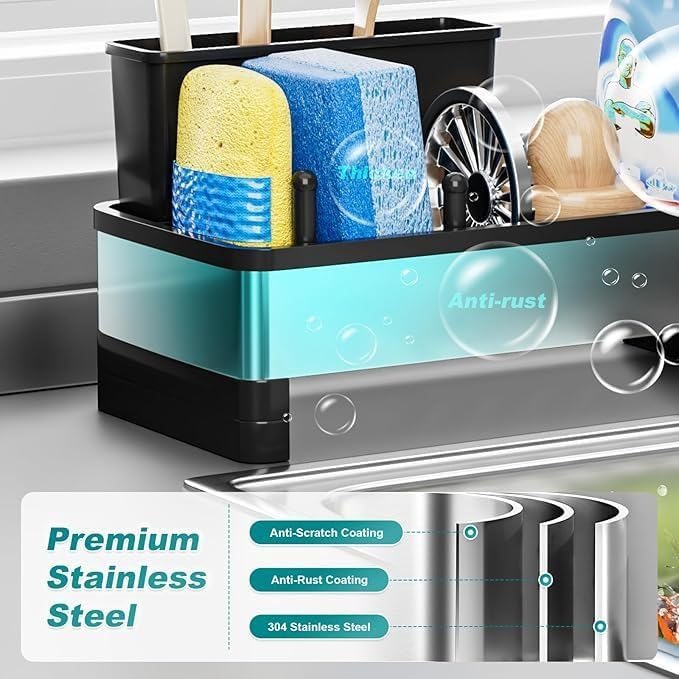 304 Stainless Steel Sink Caddy with Auto-Drain, Rustproof Sink Organizer, Sponge Holder with Removable Brush Holder & Towel Rack, Countertop Storage for Dish Soap Dispenser, Kitchen Sink Accessories