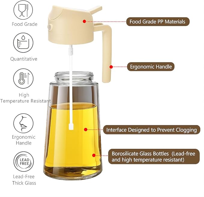 2 in 1 Olive Oil Sprayer & Dispenser Bottle – 470ml/16oz Glass Spray and Pour Oil Bottle for Cooking, Air Fryer, Salad, BBQ – Kitchen Gadgets & Accessories (White)