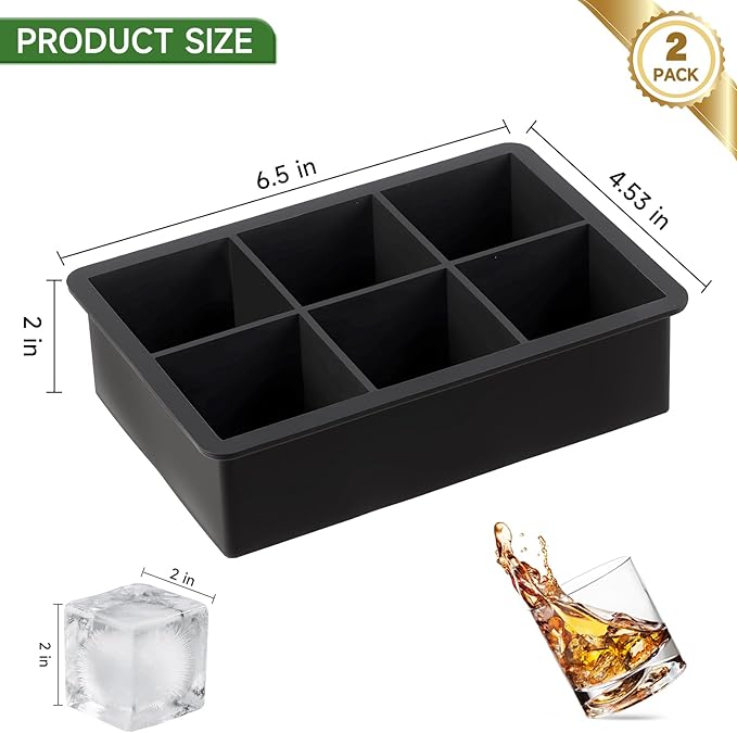 Silicone Ice Cube Tray, Easy Release Flexible Silicone Freezer Mold with Removable Lid, 2PCS of 6 Large Ice Cubes Tray for Whiskey, Freezer, Cocktail, Reusable & BPA Free (6 Square*2)