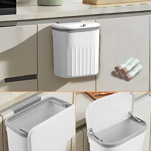 Hanging Trash Can with Lid, 3.2Gallon Kitchen Compost Bin, Wall-Mounted Garbage Can, Small Trash Can Cabinet with 5 Rolls of Trash Bags for Kitchen Cupboard Rv Bedroom Office Bathroom Camping