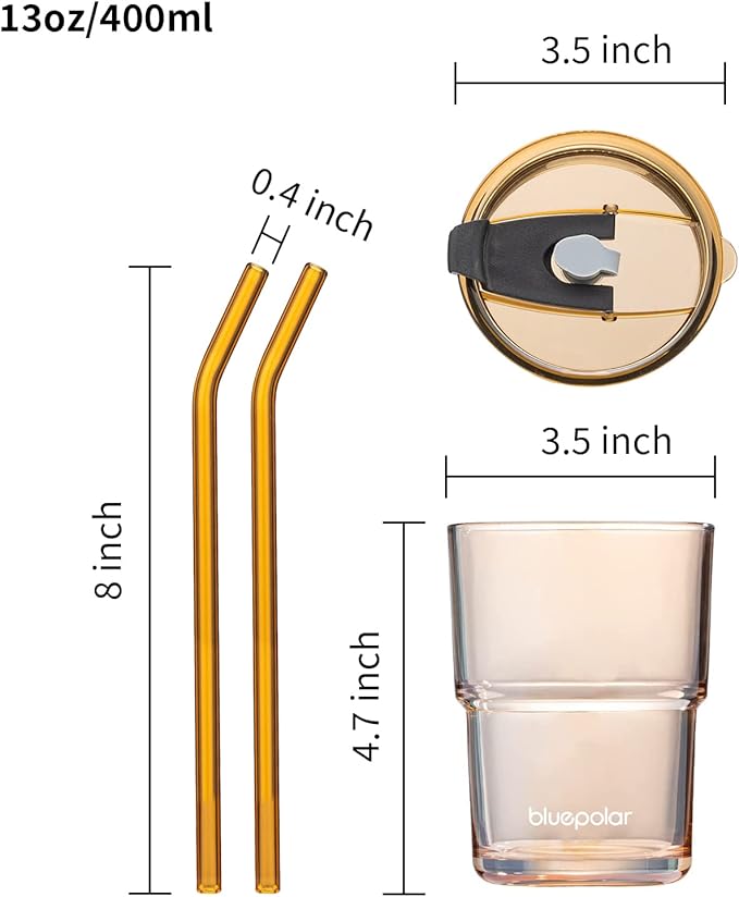 BLUEPOLAR 13oz/400ml Glass Water Tumbler with Straw and Lid Sealed Carry On Thick Wall Iced Coffee Cup Glass Cup for Water, Iced Tea Fruit Juice Etc (Amber-4Pack)