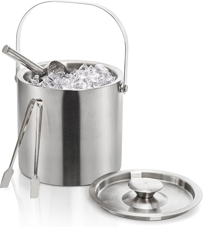 Tebery Stainless Steel Insulated Ice Bucket with Lid and Tong Double Walled Silver Barware Serveware for Parties Events Gatherings - 6.7H x 7.5W Inches