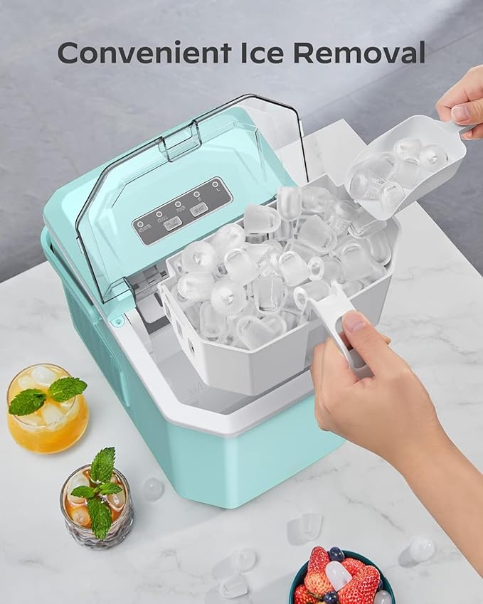 Ice Maker Countertop, Portable Ice Machine with Carry Handle, Self-Cleaning Ice Makers with Basket and Scoop, 9 Cubes in 6 Mins, 26 lbs per Day, Ideal for Home, Kitchen, Camping, RV, Green