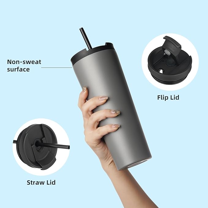 Konokyo 22 OZ Insulated Tumbler with Lid and 2 Straws Stainless Steel Water Bottle Vacuum Travel Mug Coffee Cup,Gray
