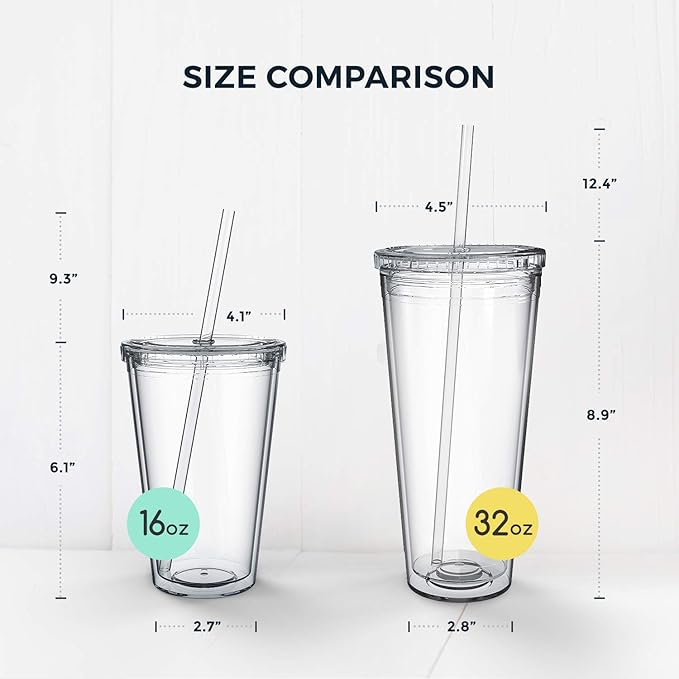Maars Classic Clear Tumbler with Lid and Straw | 16oz Premium Acrylic, Insulated Double Wall Plastic Reusable Cups, BPA-Free To Go Cups for Ice Coffee, Fruit Teas & Water