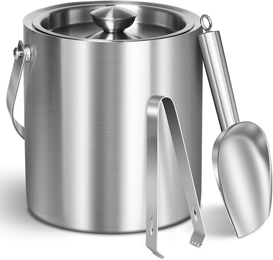 Ice Bucket with Lid & Tong- Well Made Insulated Stainless Steel Keep Ice Frozen Longer - Ideal for Cocktail Bar, Parties, Chilling Wine, Champagne - 2 Liter (Stainless Steel)