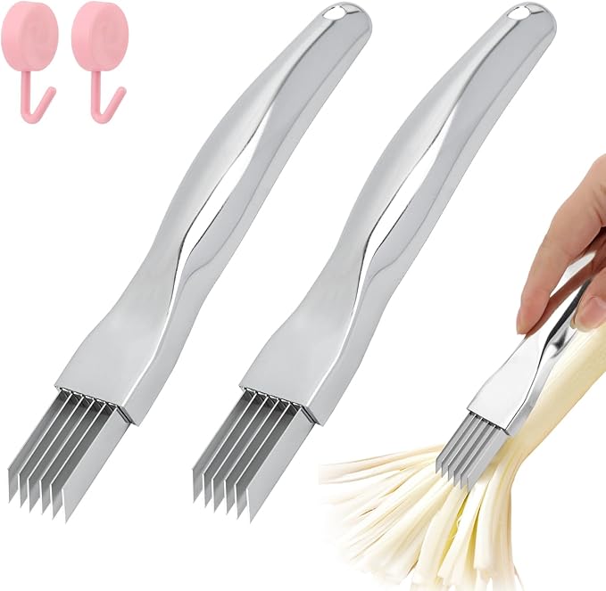 2pcs Onion Knife,Stainless Steel Scallion Cutter Shredder Manual Green Onion Slicer Tool with 2pcs Brushes Multifunctional Home Kitchen Slicing Tool Gadgets