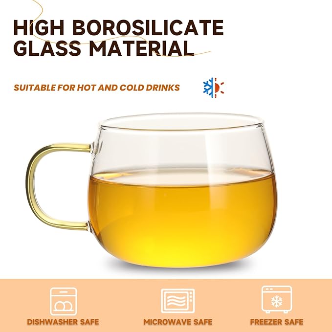 Glass Tea Cups Set of 4, Clear Borosilicate Glass Teacups with Colorful Handle for Tealover, Dishwasher & Microwave Safe Large Coffee Mugs for Espresso Cappuccino Latte Juice, 12OZ/360ML
