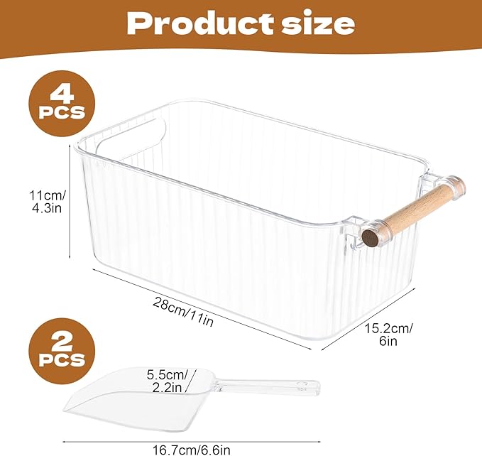 4 Piece Ice Bin and 2 Flexible Scoop Set Plastic Freezer Ice Bin with Handle Clear Storage Bucket for Container with Bucket Scoop Kitchen Fridge