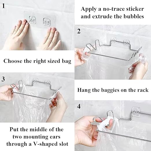 Trash Bag Holder for Cupboards Kitchen Cabinet Door, Stainless Steel Portable Garbage Bins ( with Wall Sticker Base ) Kitchen Waste Bins, Easy to Store, Can Be Put Away At any Time, Kitchen Essential