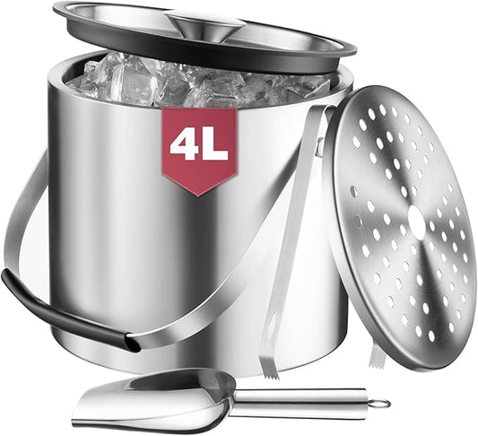 FrutPunch 4L Ice Bucket with Lid, Scoop, Tongs and Strainer, Double Wall Stainless Steel Ice Buckets for Parties, Cocktail Bar, Chilling Wine, Champagne, Large Outdoor Champagne Ice Container