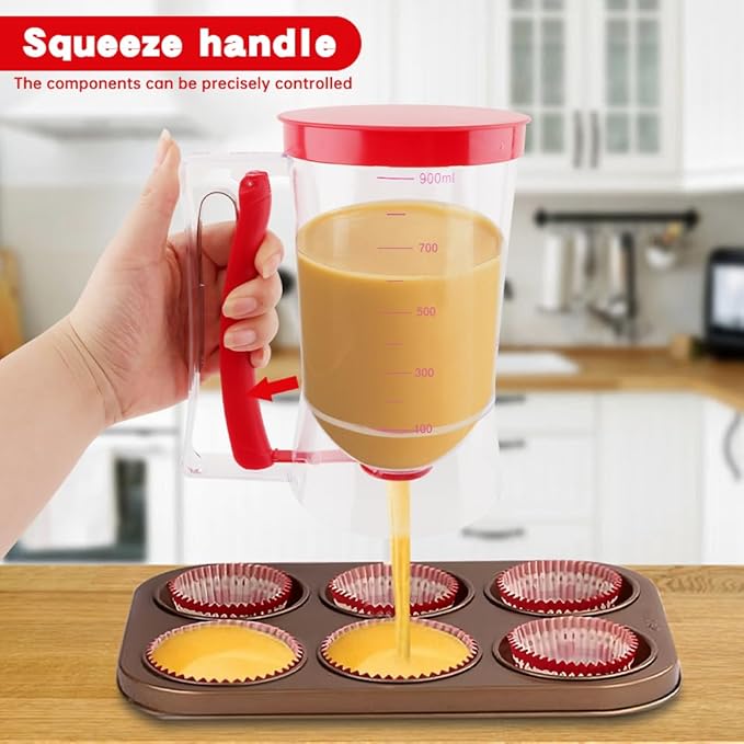 4 Cup Pancake Batter Dispenser with Cupcake Scoop Batters Dispenser,Pancake Waffl Mix Dispenser with Squeeze Handle & Measuring Marks,for Cupcake,Muffins, Crepes & Cupcakes(red)