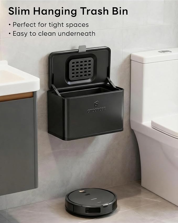 Kitchen Mini Compost Bin, 4L/1G Small Trash Can with Lid, Slim Stainless Steel Hanging Garbage Bin for Kitchen, Bathroom, Bedroom, Office, Wall Mounted Compost Bin with Inner Bucket, Black