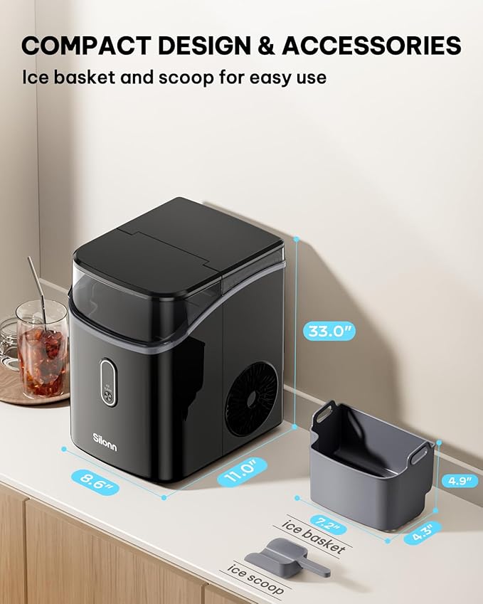 Silonn Nugget Ice Maker Countertop, Pebble Ice Makers with Crushed Soft Chewable Ice, 33lbs Per Day with Scoop, Pellet Portable Ice Machines with Auto-Cleaning for Home, Kitchen, Office, Black