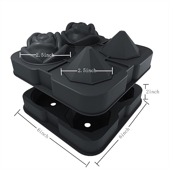 Ice Cube Tray, HANCELANT 2.5inch Ice Cube Molds, 2 Cavity Silicone Rose & 2 Diamond Ice Ball Maker, Easy Release Large Ice Cube Form for Chilling Cocktails, Whiskey, Bourbon & Homemade Juice (Black)