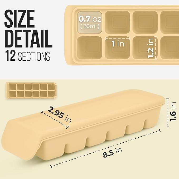 0.7 oz/12 Sections Silicone Ice Cube Freezer Tray with Lid, 100% Food-Grade Platinum Silicone,Leak Resistance & Dishwasher Safe for Baby Food Prep,Breast Milk,Purees - Korean Made, Beige
