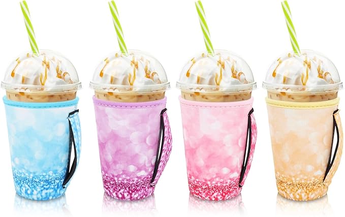4Pack Reusable Iced Coffee Sleeve Insulator Sleeves for Cold Drinks Beverages, Neoprene Cup Holder for Most Coffee, Fits 22-24oz Medium Cups (Glitter Pattern)