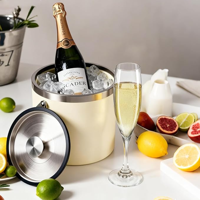 4L beige-white Double Wall Insulated Stainless Steel Ice Bucket with scoop for Cocktail Bar,Metal Ice Bucket for freezer with Lid for parties.ice Container to Keep Ice Colder,bar cart accessories