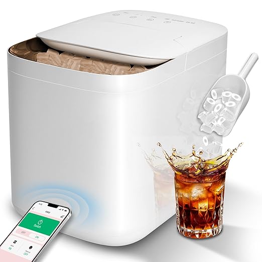 Smart Countertop Ice Makers, Deeper Self-Cleaning in 30-Minute, 33lbs/24H, 6 Mins 9 Bullet Ice, Portable Ice Maker Machine with APP Remote Control & Compact White Design for Kitchen Home Office RV