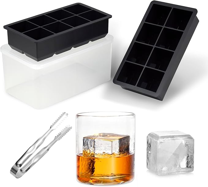 Bangp Silicone Ice Cube Tray with Bin and Tongs,2 Pack Large Silicone Ice Cube Molds,Large Square Ice Cube Trays Making 16 Whiskey Ice Cubes for Cocktails,Bourbon,BPA-Free,Easy to Fill & Release
