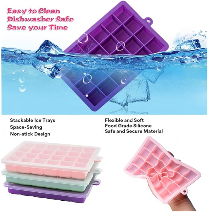 TAO CICADA Ice Cube Tray, 3 Pack Silicone Ice Cube Molds, Ice Cube Trays, Silicone Ice Trays, Easier to Release, BPA Free for Alcohol/Coffee/Beverages (Pink, Light blue, Purple)