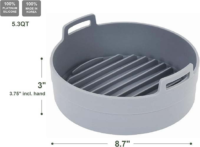 Premium 5.3 QT Air Fryer Silicone Pot, Bowl, Basket | Food Safe Air Fryers Oven Accessories | Easy to Clean | Replacement of Parchment Liners | 8.7 inches in diameter, Gray