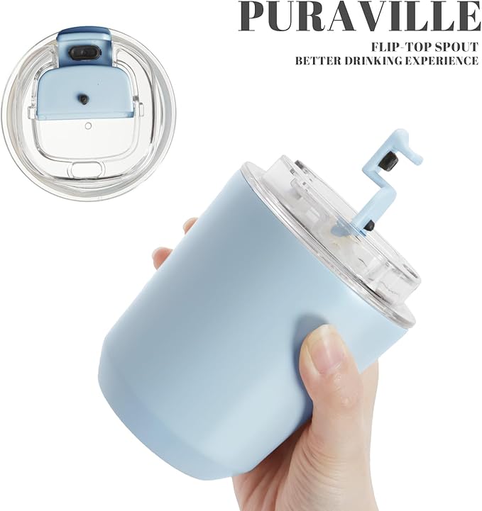 Puraville Insulated Tumblers with Lid, 10 oz Travel Coffee Mug Stainless Steel Vacuum Cup, Leak Proof Reusable Double Walled Coffee Tumbler for Iced and Hot Drinks, Light Blue