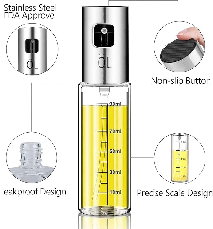 Oil Sprayer for Cooking, 100ml Food-Grade 304 Stainless Steel & BPA-Free Glass, Leakproof Oil Mister with Silicone Basting Brush, Funnel & Cleaning Brush, Suitable for Air Fryer, BBQ, Baking, Salad