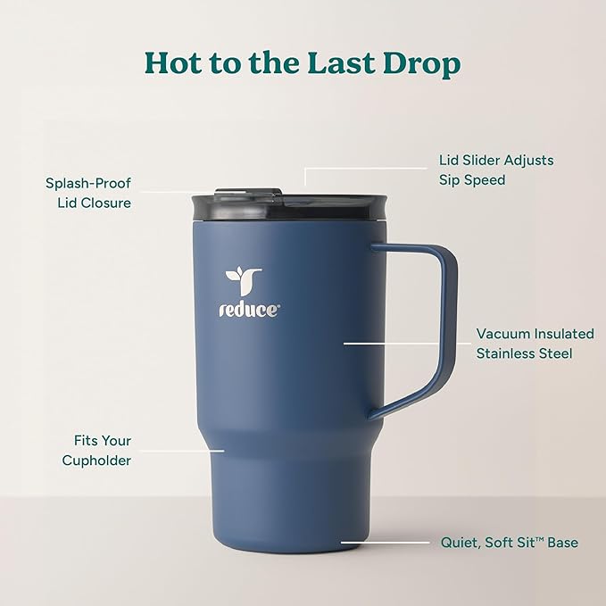 Reduce Hot1 18 oz Hot1 Stainless Steel Insulated Mug with Temperature Adjusting Lid - Dual-Wall Vacuum, Cupholder Friendly - Keeps Drinks Hot for 6 Hours - Ideal for Coffee, Tea & Other - Mineral Blue