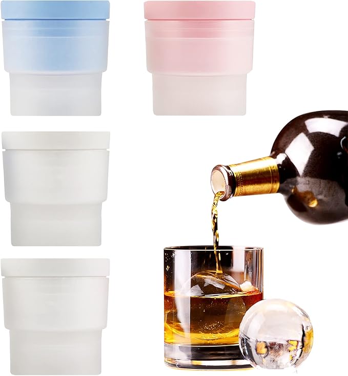 Ice Ball Maker, Set of 4 2.5 Inch Ice Spheres Mold,Round Ball ice Cube Mold for Whiskey Cocktails Juice Beverages Bourbon,Old Fashioned Clear Ice Cube Mold Silicone Freezer Press(White,Blue&Pink)