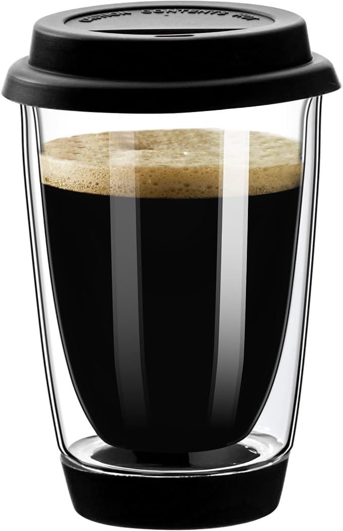 gegewawa Double Walled Glass Coffee Mugs, Glass Coffee Cugs with Silicone Lid 12OZ, Insulated Coffee Mug, Clear Coffee Mug for Travel/Kitchen(Black)