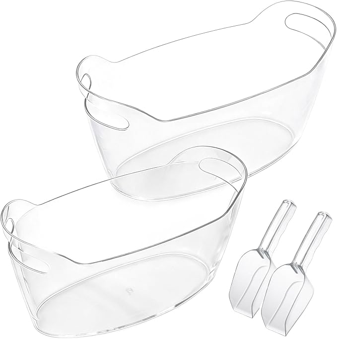 6.5L Ice Bucket 2 Pack Ice Buckets for Parties, Beverage Tub for Cocktail Bar with Handle, Drink Cooler for Wine Beer Champagne, Clear Ice Bucket with Scoop for Mimosa Bar Drink Chiller