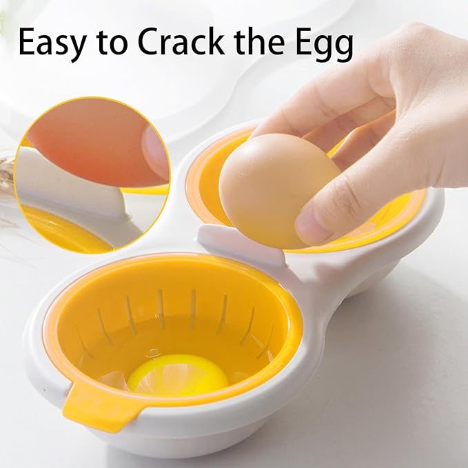 2 Cavity Microwave Egg Poacher, Microwavable Poached Egg Cooker with Lid & Handle Double Layer Microwave Egg Poacher Boiled Eggs Maker Poached Egg Cup for Breakfast with Oil Brush, Yellow