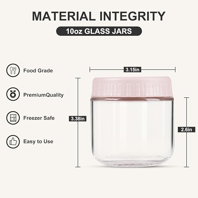 SHOWIN Overnight Oats Containers with Lids, 10oz Glass Jars with Lids 8 pcs, Pink, Wide Mouth Mason jars for Salad, Yogurt, Snacks, Meal Prep