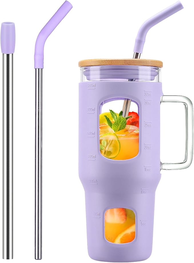 WINSA 32 oz Glass Tumbler with Straw and Lid, Glass Water Bottles with Time Marker, Silicone Protective Sleeve - Purple