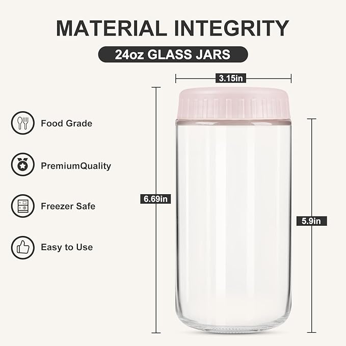 SHOWIN Overnight Oats Containers with Lids, 24oz Glass Jars with Lids 8 pcs, Pink, Wide Mouth Mason jars for Salad, Yogurt, Snacks, Meal Prep