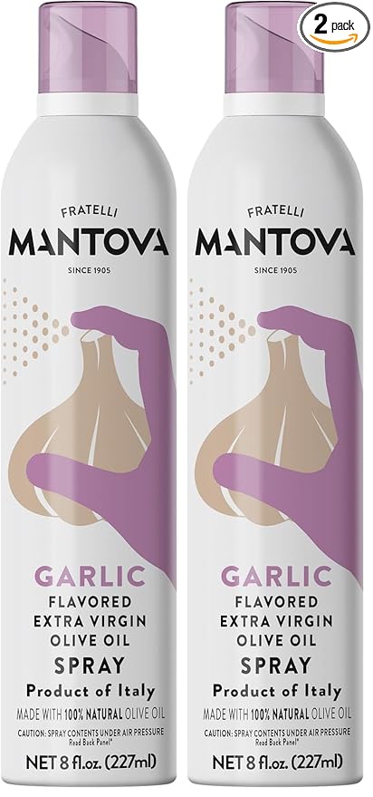 Mantova Extra Virgin Olive Oil Spray Garlic Flavored 8 oz. Spray Bottle - Manage Oil Amount - Great For Salads & Cooking (Pack of 2)