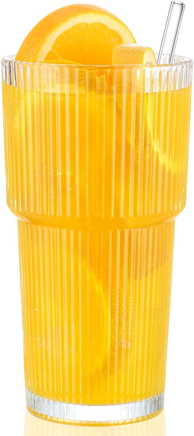 CWHHRN 20 oz Glass Cups and Straw 2 Set, Glass Tumbler with Straw, Vintage Glassware for Whiskey Cocktail Beer, Iced Coffee Cups (2 PACK)