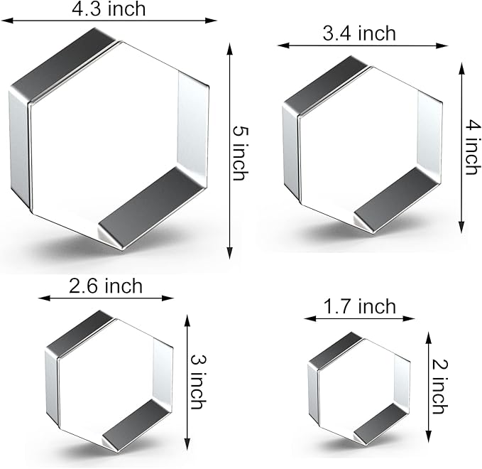 Hexagon Cookie Cutter Set Large - 5 Inch, 4 Inch, 3 Inch, 2 Inch - Honeycomb Geometric Frame Plaque Cookie Cutters Shapes Molds - Stainless Steel