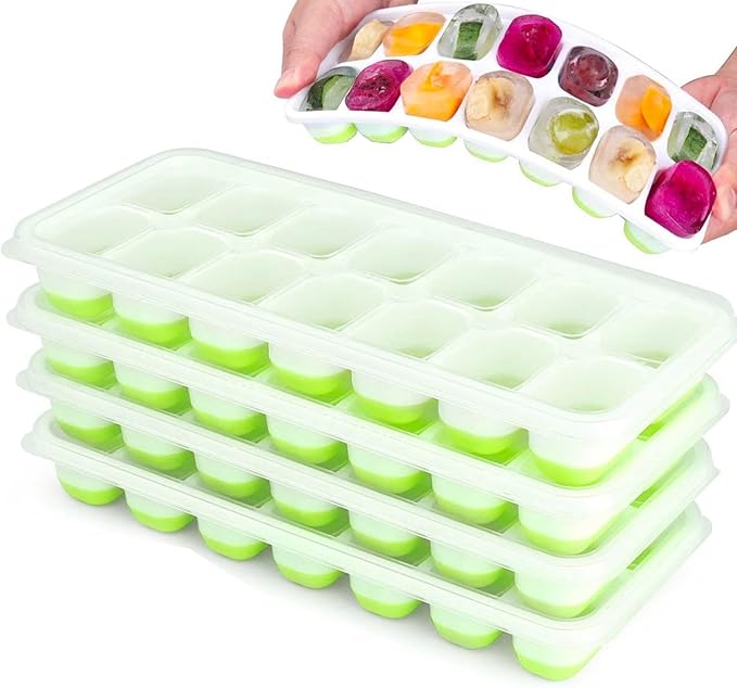 Set of 4 Stackable Silicone Ice Cube Trays with Removable Lids - Flexible, Spill-Resistant, Dishwasher Safe (Green)