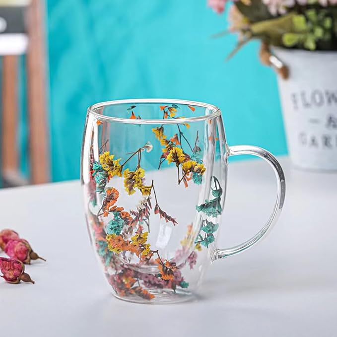 Myhiju Flower Double Wall Clear Glass Coffee Mugs Creative Clear Glass Cups with Handle Flowers Double Insulated Glass Cup for Hot Cold Beverages Cappuccino Latte, Espresso Juice Glass Coffee Cups