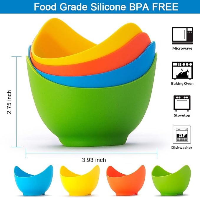 4 Pcs Silicone Egg Poacher Cups, Poached Egg Cooker with Ring Standers for Microwave or Stovetop Egg Cooker with Extra Oil Brush