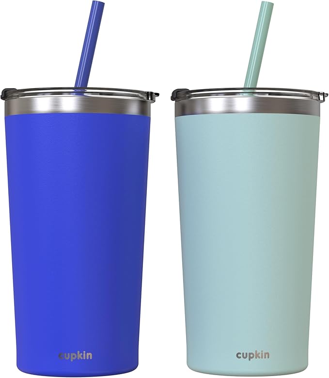 CUPKIN Stainless Steel Insulated Tumbler with Lid and Straw, 20 oz Stainless Steel Cups, Set of 2 Travel Coffee Mug for Adults, Iced Coffee Cup with Lid, Tumbler for Travel (Cobalt + Mint)