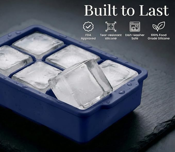 KitchFort Large Silicone Ice Cube Tray (2-Pack), Easy Release 2" Big Ice Cubes - Cocktail, Whiskey Ice Cubes Mold - Ice Trays for Freezer with Lid - Stackable Silicone Ice Tray - Navy Blue