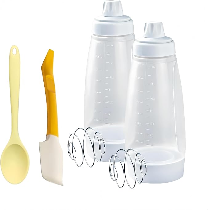 2Pack Leak proof 2-in-1 Pancake Battery Dispenser, Battery Mixer and Dispenser with Whisk Ball, with silicone spatula and spoon, easy to grip squeeze bottle for pancakes, waffles and baking