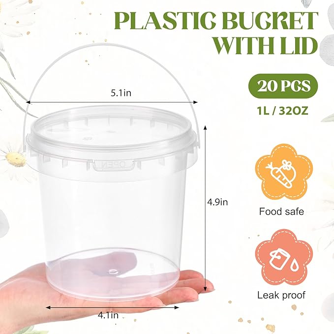 PerKoop 20 Pcs 32 oz Ice Cream Buckets with Lids and Handles Clear Cocktail Rum Buckets with Stickers Plastic Transparent Tub Reusable Food Storage Containers for Parties (Watercolor Flower)