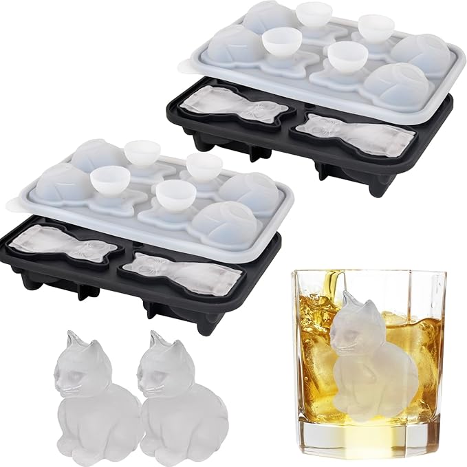 Cat Ice Cube Tray Mold - 2pcs, 3D Cat Shape Ice Cube Trays, Cute Ice Cube Molds for Whiskey Bourbon, 4-Hole Large Fun Shapes Ice Cube Trays, Funny Cats Gifts for Cats Lovers Women Men