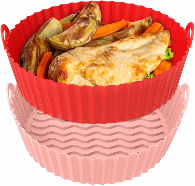 OUTXE 2-Pack 8.5inch Air Fryer Silicone Liner Air Fryer Basket, Reusable Air fryers Silicone Pot Round for 5QT - Air fryer Oven Accessories (Red+Pink)